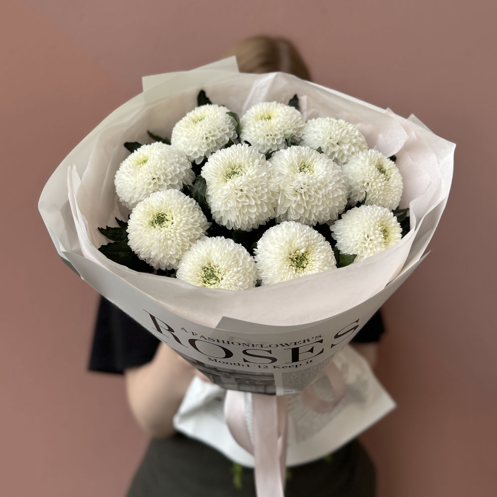 11 веток белой хризантемы Супербоул